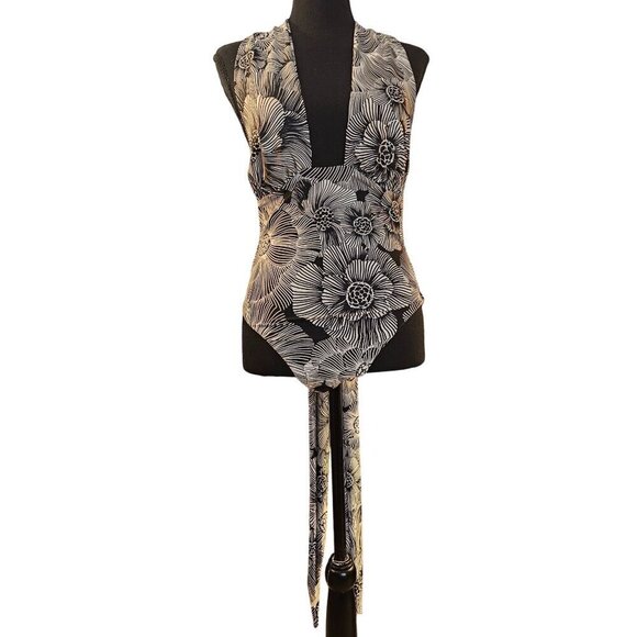 Vintage Black & White Floral Halter Wrap Swimsuit With Open Back & Long Ties - Picture 1 of 11